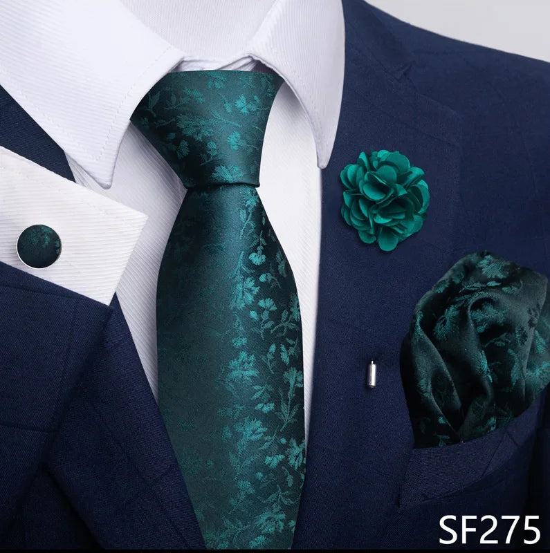 Luxury Men’s Floral Paisley Tie Set – Black & Gold Necktie with Matching Pocket Square, Cufflinks & Brooch | Elegant Wedding, Business, Dinner & Cocktail Look