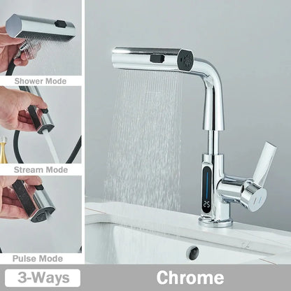 Temperature Digital Display Bathroom Basin Faucet – Pull-Out Waterfall Sink Mixer Tap