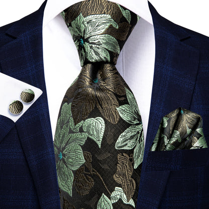 Burgundy Brown & Black Paisley Striped Silk Tie Set – Necktie + Pocket Square + Cufflinks – Formal Gift Set for Men