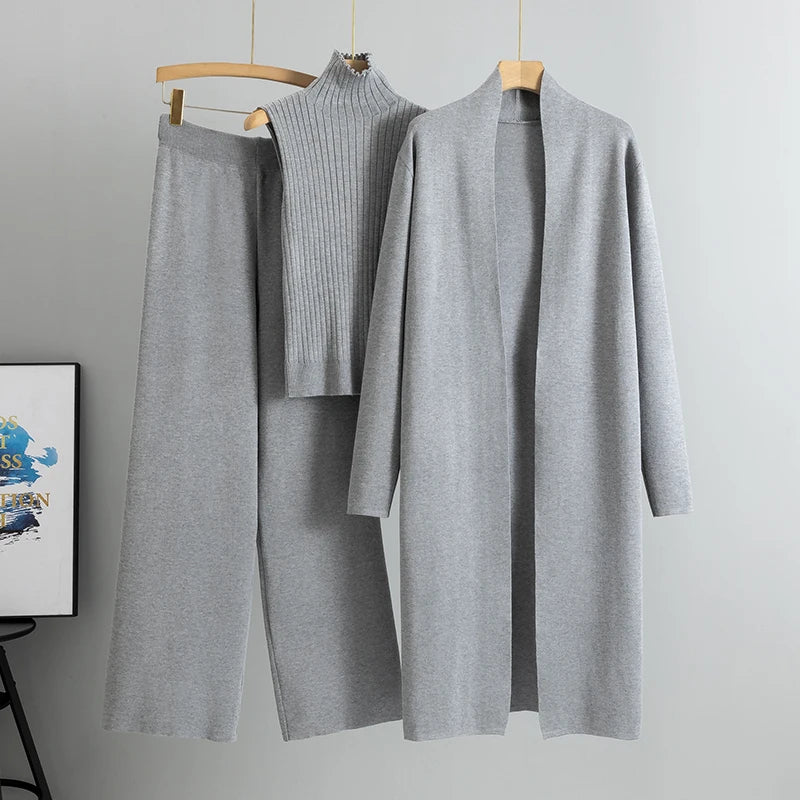 Women's 3-Piece Knitted Cardigan Tracksuit Set – Vintage Style Sweater + Top + Pants | Spring/Autumn Fashion Outfit