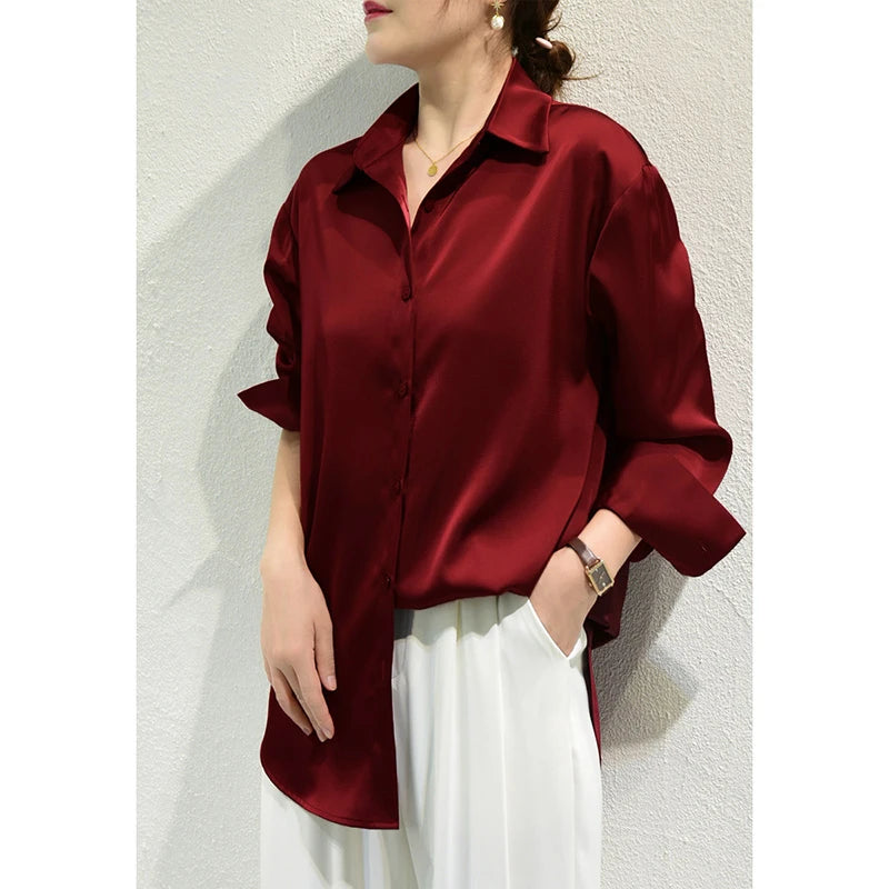 Elegant Satin Button-Down Blouse – Women’s Long Sleeve French Solid Shirt for Work & Evenings