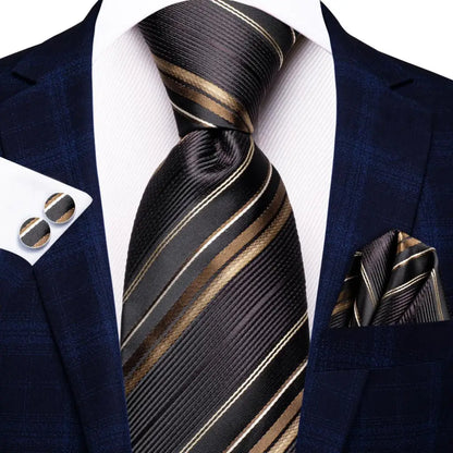 Navy Blue Striped Silk Tie Set for Men – Necktie, Pocket Square & Cufflinks – Formal Business & Wedding Gift Set