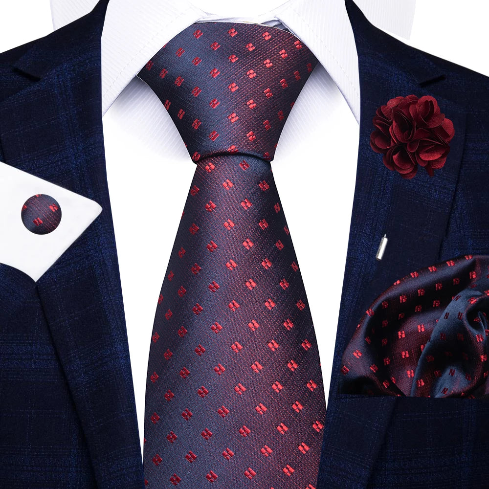Red Paisley Tie Set for Men – 8cm Necktie, Matching Handkerchief, Cufflinks & Pin – Formal Wedding & Party Accessories