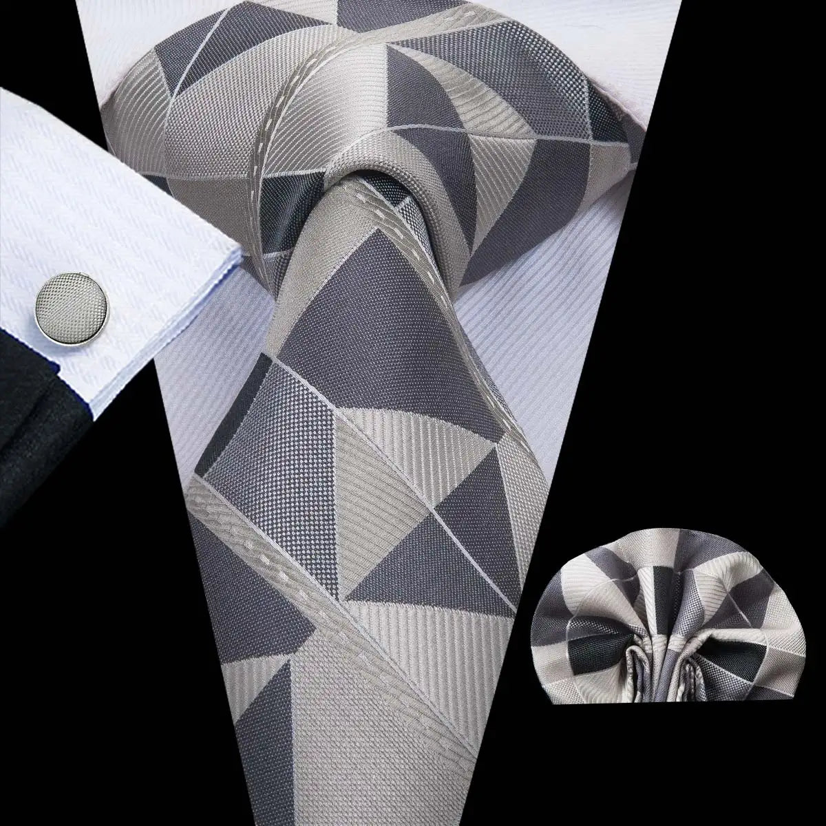 White & Grey Paisley Tie Set – Silk Necktie, Pocket Square & Cufflinks for Men – Formal Wedding & Business Accessory