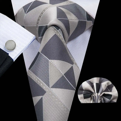 White & Grey Paisley Tie Set – Silk Necktie, Pocket Square & Cufflinks for Men – Formal Wedding & Business Accessory