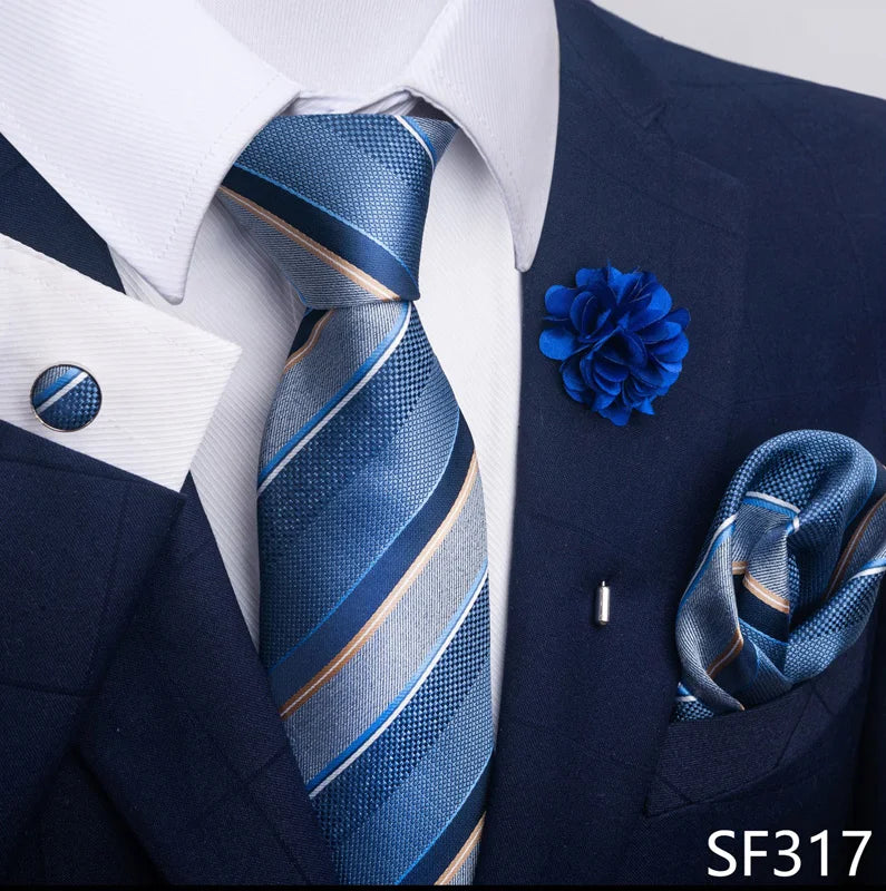 Luxury Men’s Floral Paisley Tie Set – Black & Gold Necktie with Matching Pocket Square, Cufflinks & Brooch | Elegant Wedding, Business, Dinner & Cocktail Look