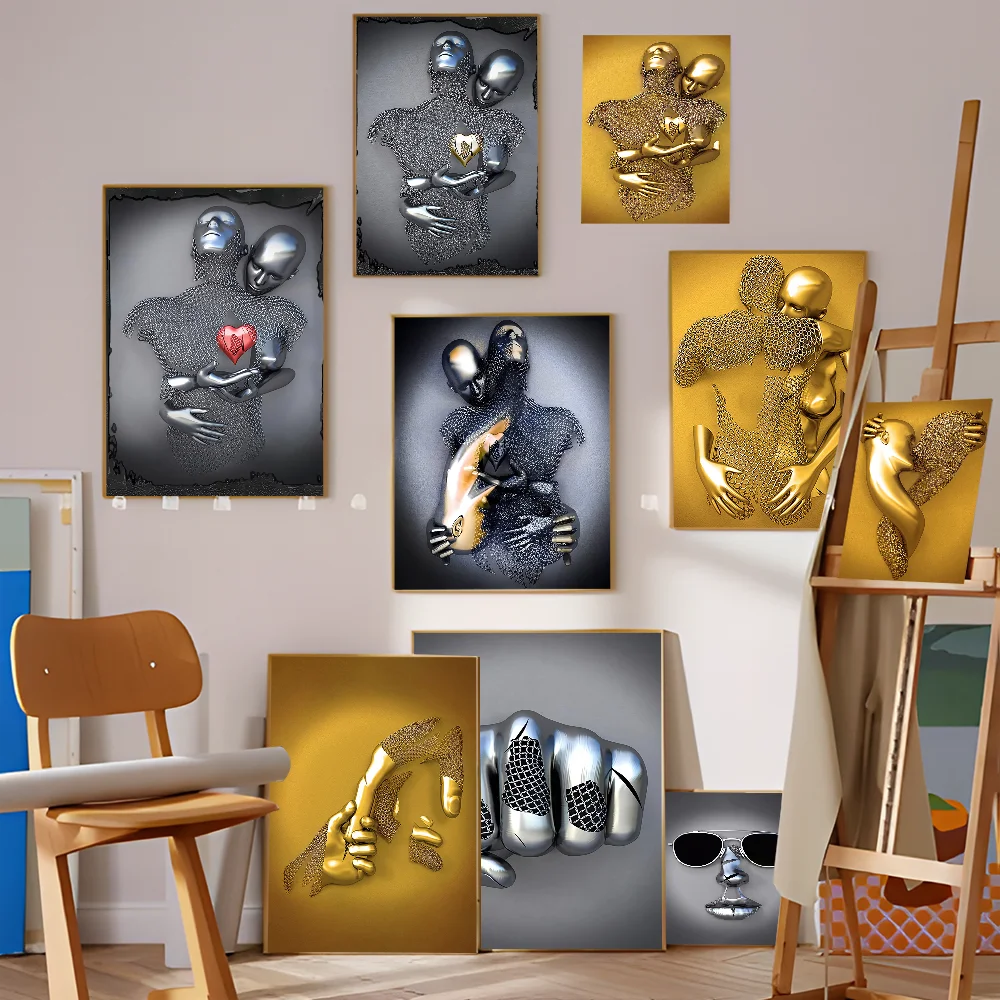 Romantic Art Love Heart Gray Metal Figure Statue 3D Art DIY Sticky Poster Vintage Room Bar Cafe Decor Home Decor