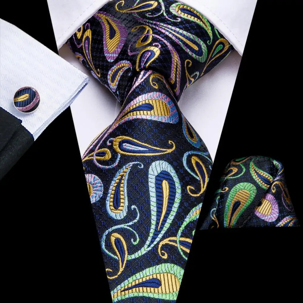 Paisley Men’s Silk Tie Set – Necktie, Pocket Square & Cufflinks – Elegant Gift for Weddings, Business & Parties