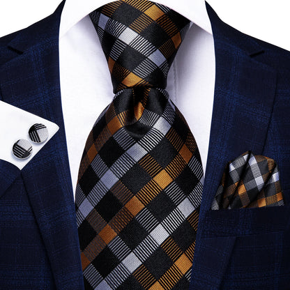 Burgundy Brown & Black Paisley Striped Silk Tie Set – Necktie + Pocket Square + Cufflinks – Formal Gift Set for Men