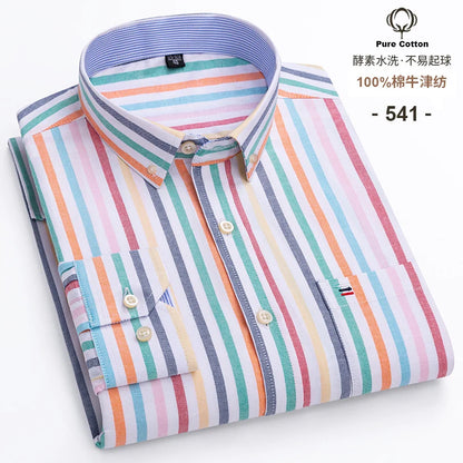 100% Cotton Oxford Long Sleeve Men's Plaid Dress Shirt – Regular Fit Formal Shirt with Pocket (S–7XL)
