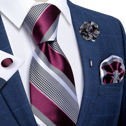 Luxury Red & Blue Floral Silk Tie Set – 8cm Necktie + Pocket Square + Cufflinks + Brooch – Men’s Formal Gift Set