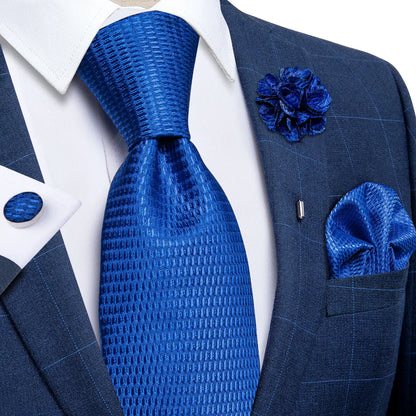 Luxury Red & Blue Floral Silk Tie Set – 8cm Necktie + Pocket Square + Cufflinks + Brooch – Men’s Formal Gift Set