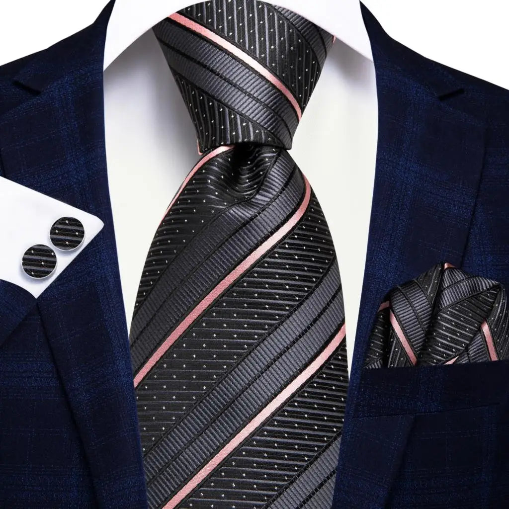 Navy Blue Striped Silk Tie Set for Men – Necktie, Pocket Square & Cufflinks – Formal Business & Wedding Gift Set