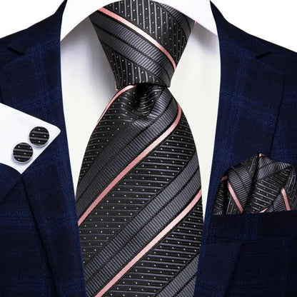 Navy Blue Striped Silk Tie Set for Men – Necktie, Pocket Square & Cufflinks – Formal Business & Wedding Gift Set