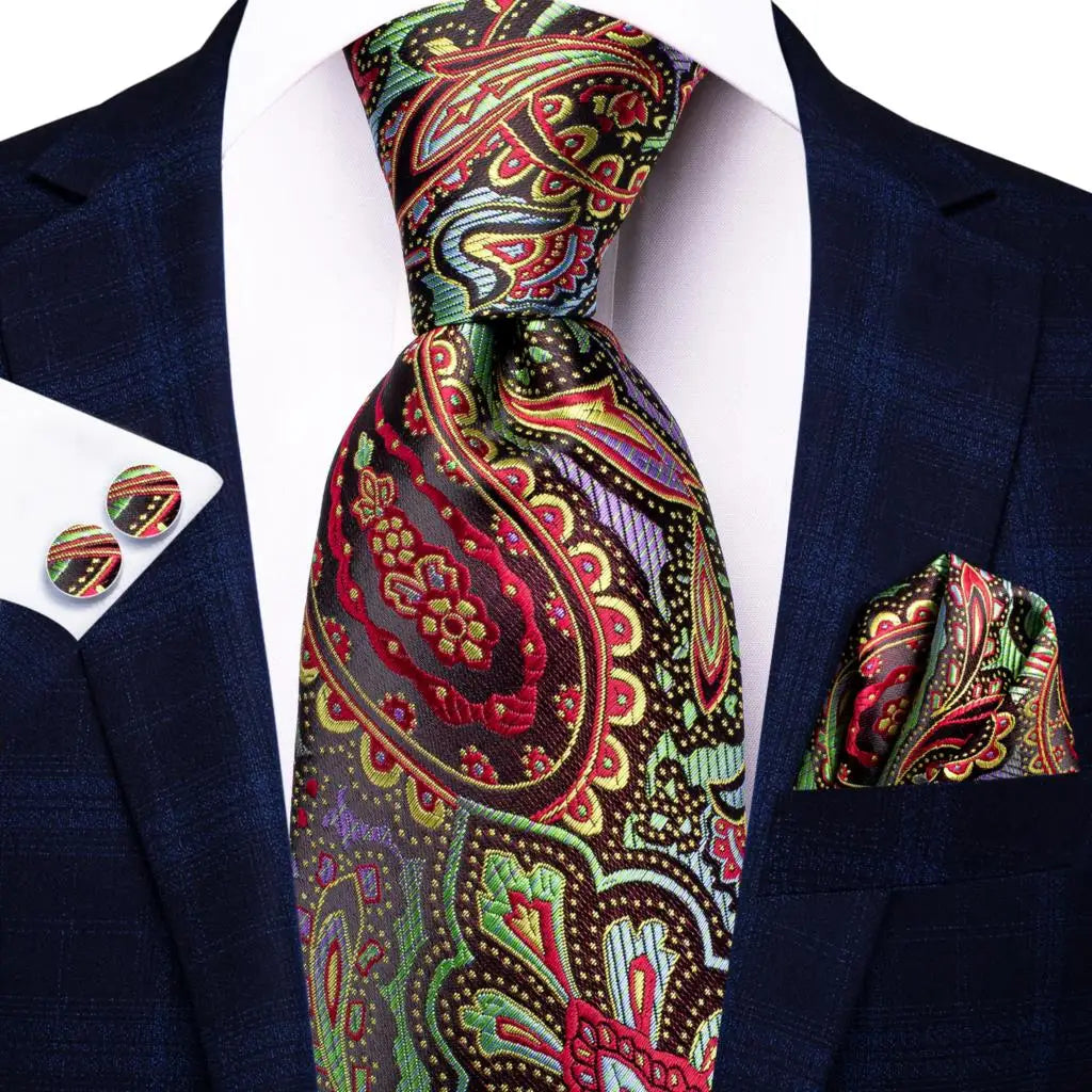 Paisley Men’s Silk Tie Set – Necktie, Pocket Square & Cufflinks – Elegant Gift for Weddings, Business & Parties