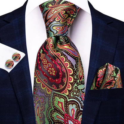 Paisley Men’s Silk Tie Set – Necktie, Pocket Square & Cufflinks – Elegant Gift for Weddings, Business & Parties