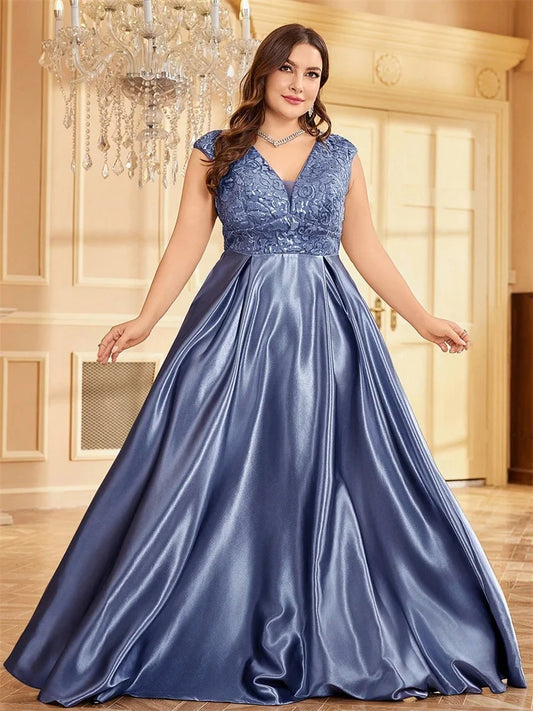 Plus Size Luxury Gold Satin Sequin Evening Gown – V-Neck Floor-Length Dress for Weddings, Parties & Prom