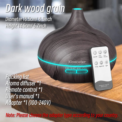 500ml Wood Grain Ultrasonic Aroma Diffuser – 7-Color LED, Remote Control, Humidifier & Timer