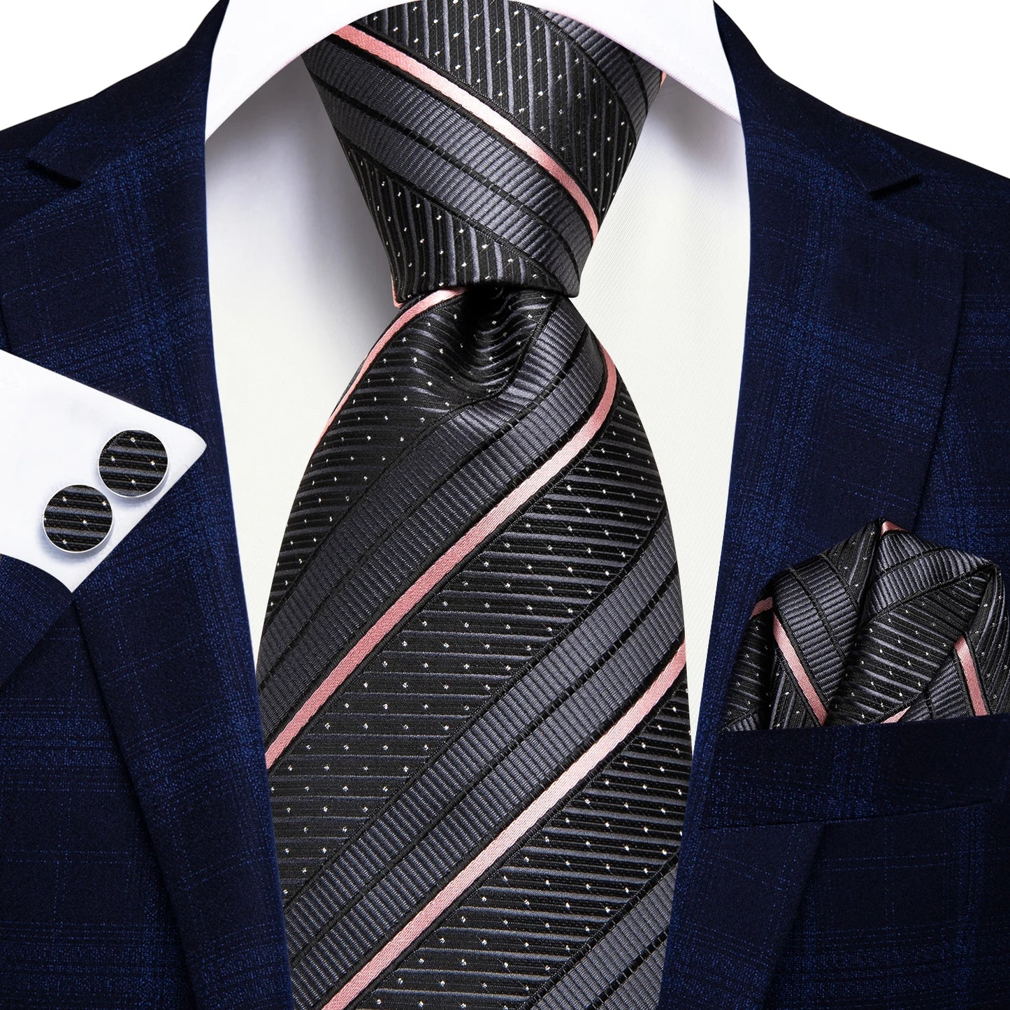 Navy Blue Striped Silk Tie Set for Men – Necktie, Pocket Square & Cufflinks – Formal Business & Wedding Gift Set
