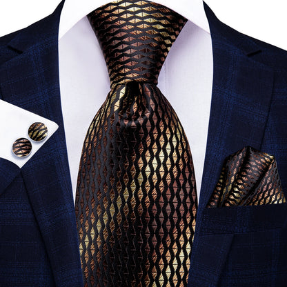Burgundy Brown & Black Paisley Striped Silk Tie Set – Necktie + Pocket Square + Cufflinks – Formal Gift Set for Men