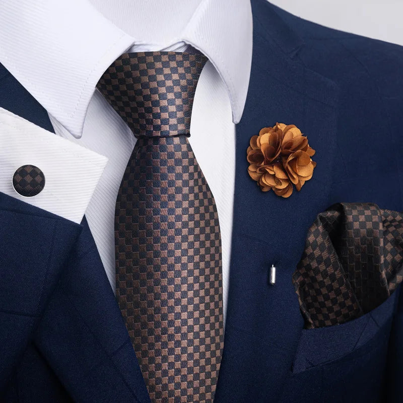 Luxury Men’s Floral Paisley Tie Set – Black & Gold Necktie with Matching Pocket Square, Cufflinks & Brooch | Elegant Wedding, Business, Dinner & Cocktail Look