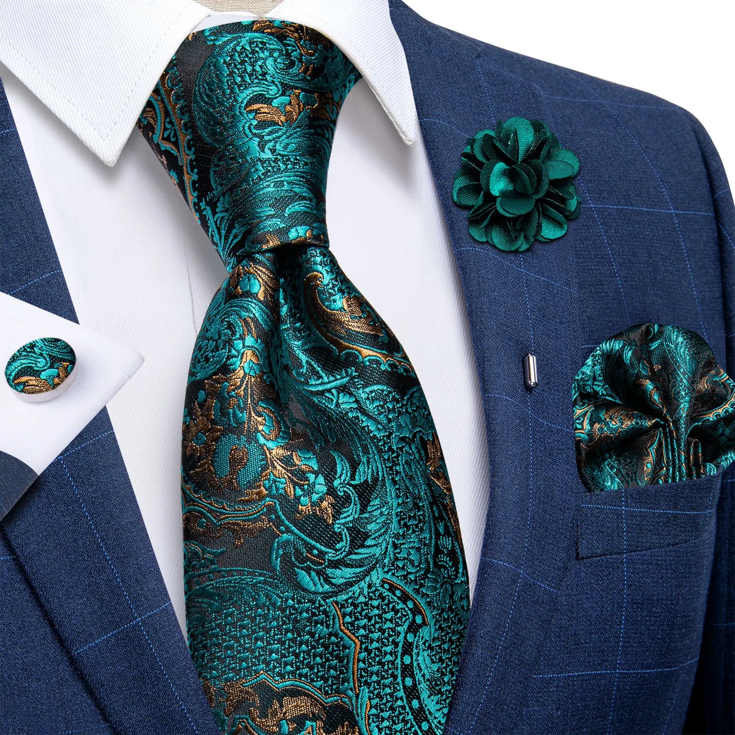 Blue & Silver Paisley Silk Tie Set – 8cm Necktie + Pocket Square + Cufflinks + Brooch – Elegant Men’s Gift for Weddings & Holidays