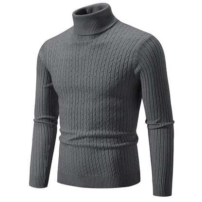 Men’s High Neck Knitted Sweater – Solid Color Warm Turtleneck Pullover for Winter
