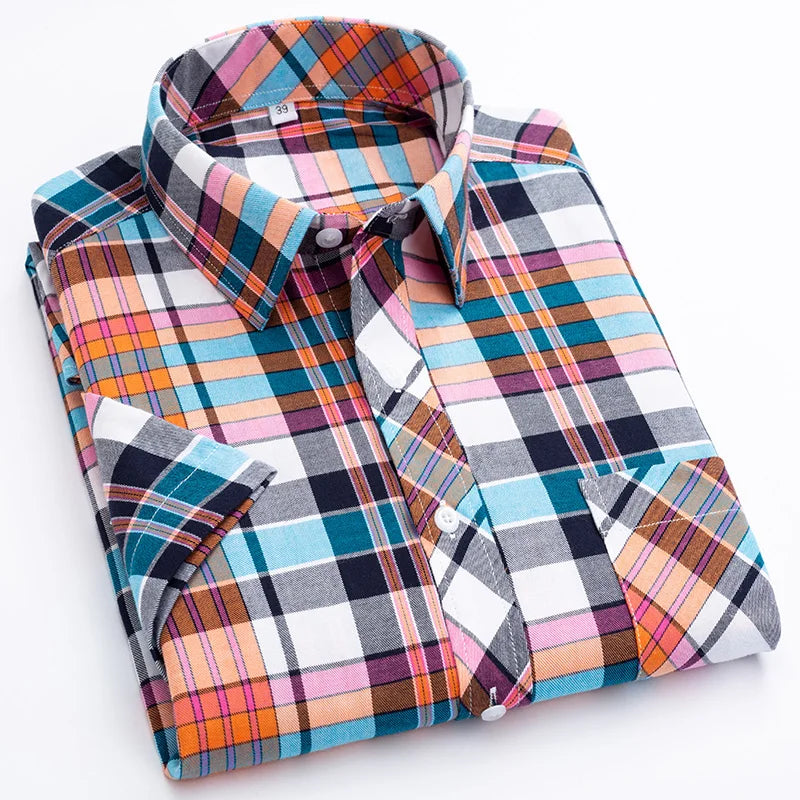 Plus Size 100% Cotton Plaid Short Sleeve Shirt for Men – Sizes Up to 8XL – Soft, Lightweight & Casual Summer Style