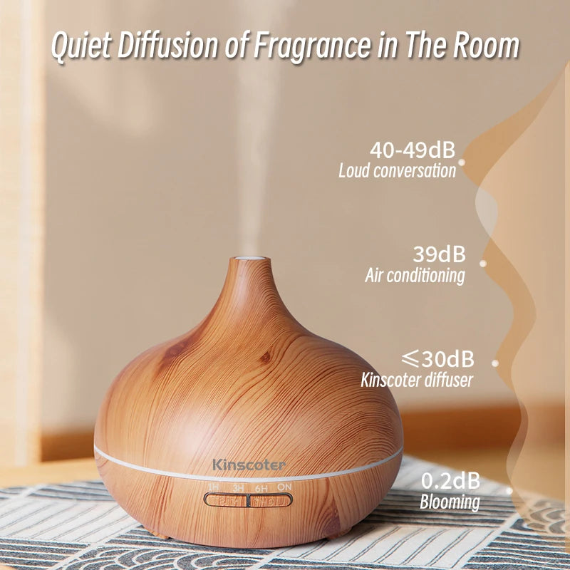 500ml Wood Grain Ultrasonic Aroma Diffuser – 7-Color LED, Remote Control, Humidifier & Timer