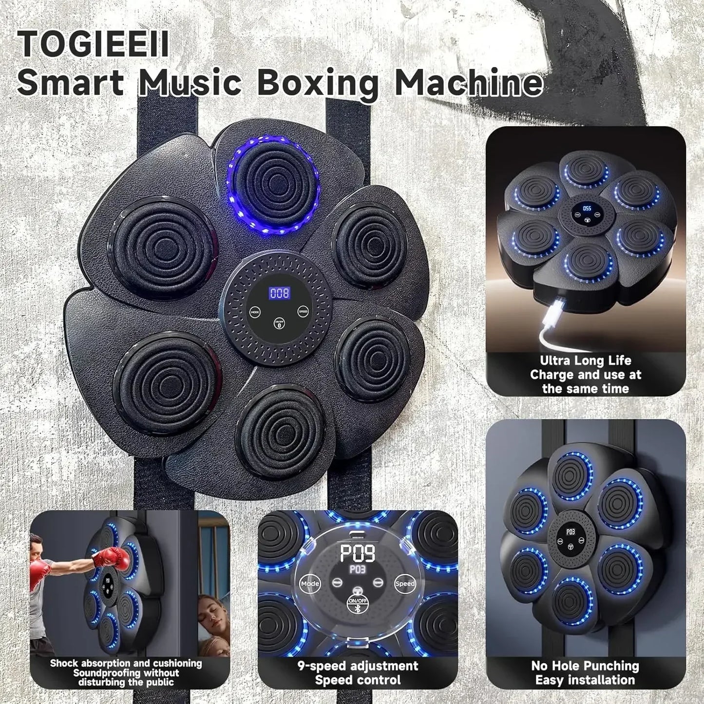 Music Boxing Machine – Smart Bluetooth Fitness Wall Target for Adults & Kids, Muay Thai Trainer with 9 Modes, Reaction & Coordination Trainer, Perfect Gift