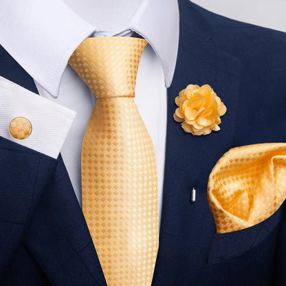 Luxury Men’s Floral Paisley Tie Set – Black & Gold Necktie with Matching Pocket Square, Cufflinks & Brooch | Elegant Wedding, Business, Dinner & Cocktail Look