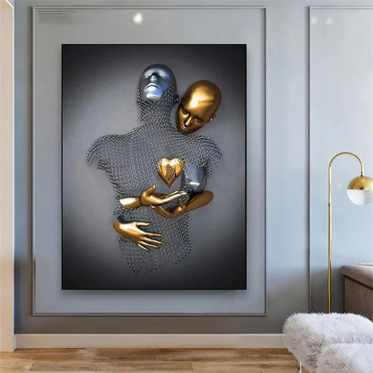 Metal Figure Statue Romantic Wall Art Abstract Canvas Painting Lovers Sculpture Posters Prints Pictures Living Room Home Decor