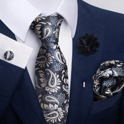 Luxury Men’s Floral Paisley Tie Set – Black & Gold Necktie with Matching Pocket Square, Cufflinks & Brooch | Elegant Wedding, Business, Dinner & Cocktail Look