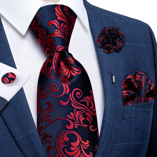 Luxury Red & Blue Floral Silk Tie Set – 8cm Necktie + Pocket Square + Cufflinks + Brooch – Men’s Formal Gift Set
