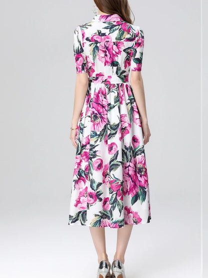 Elegant Printed Slim Fit Lapel Dress – Women’s Short Sleeve Spring/Summer 2025 Fashion