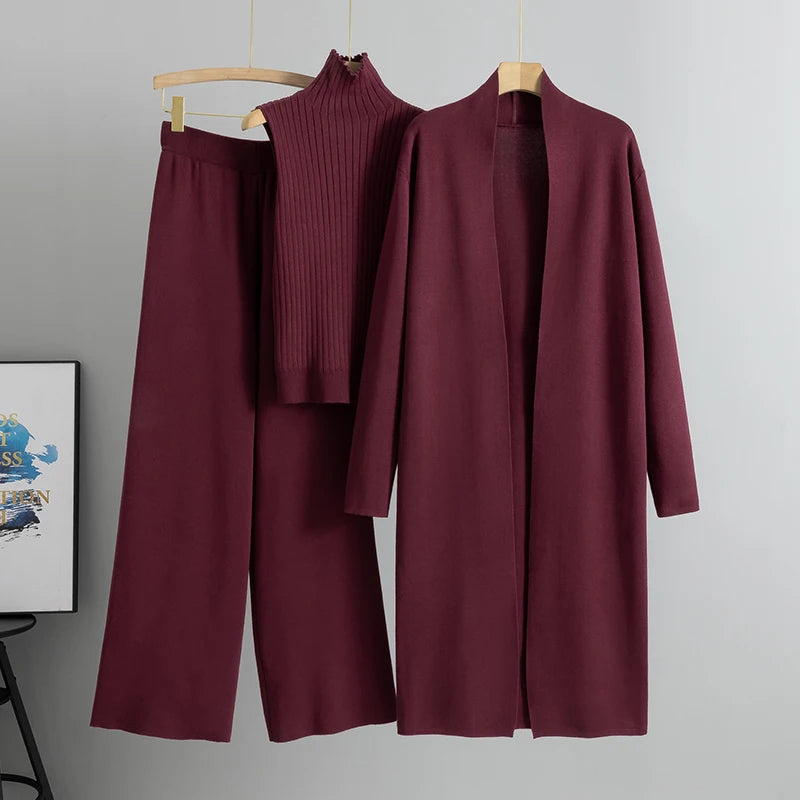 Women's 3-Piece Knitted Cardigan Tracksuit Set – Vintage Style Sweater + Top + Pants | Spring/Autumn Fashion Outfit