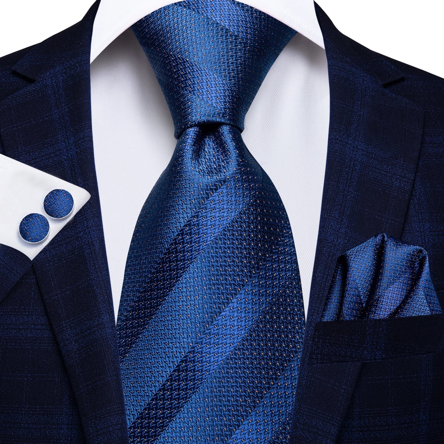 Navy Blue Striped Silk Tie Set for Men – Necktie, Pocket Square & Cufflinks – Formal Business & Wedding Gift Set