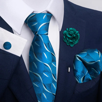 Luxury Men’s Floral Paisley Tie Set – Black & Gold Necktie with Matching Pocket Square, Cufflinks & Brooch | Elegant Wedding, Business, Dinner & Cocktail Look