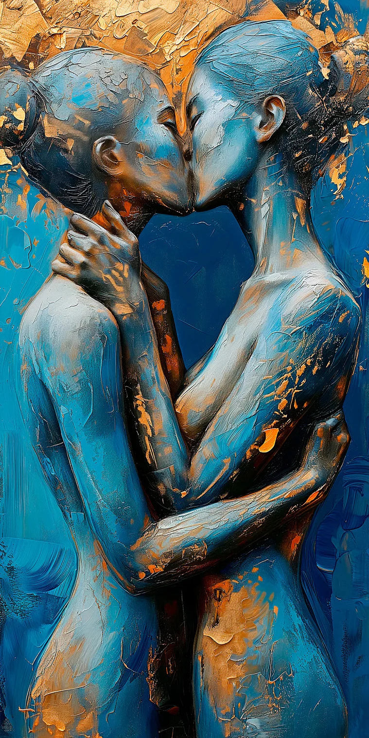 Romantic Girls Kissing Love Couples Canvas Painting Wall Art Blue Body Golden Touches Lesbian Poster Print Home Decor Cuadros