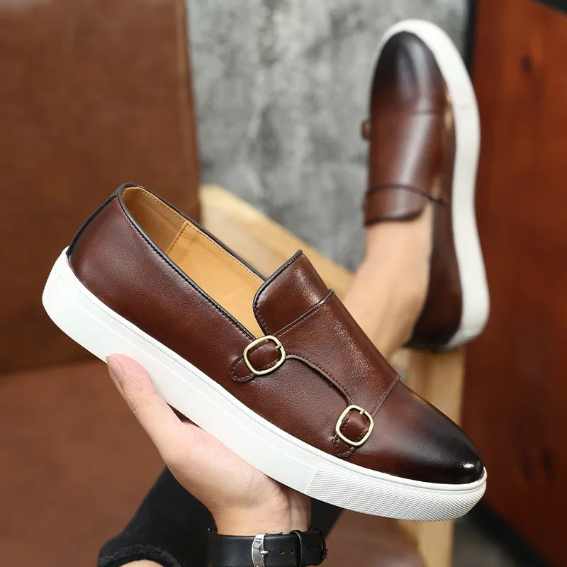 Men's Casual Leather Loafers – Retro British Style Slip-On Monk Strap Flats for Business & Daily Wear