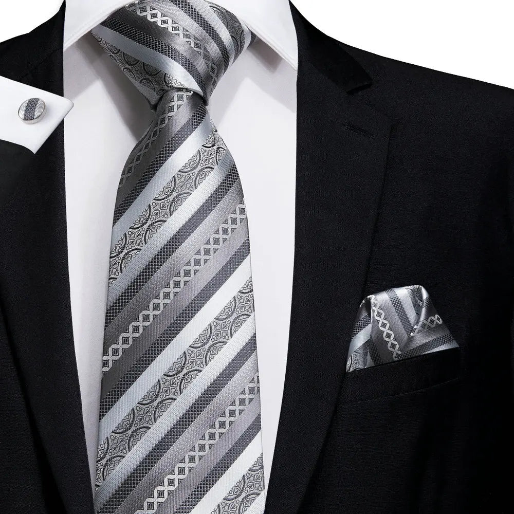 White & Grey Paisley Tie Set – Silk Necktie, Pocket Square & Cufflinks for Men – Formal Wedding & Business Accessory