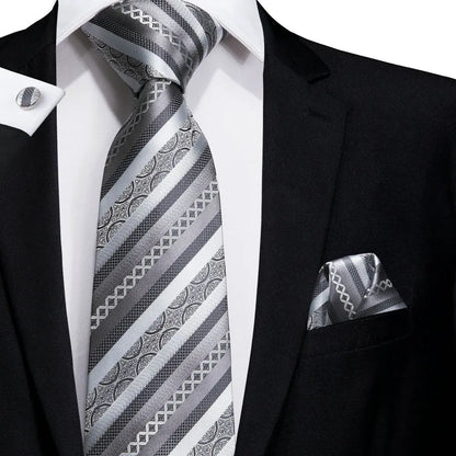 White & Grey Paisley Tie Set – Silk Necktie, Pocket Square & Cufflinks for Men – Formal Wedding & Business Accessory