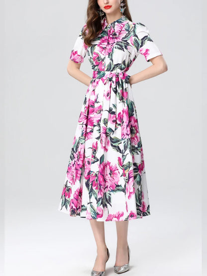 Elegant Printed Slim Fit Lapel Dress – Women’s Short Sleeve Spring/Summer 2025 Fashion