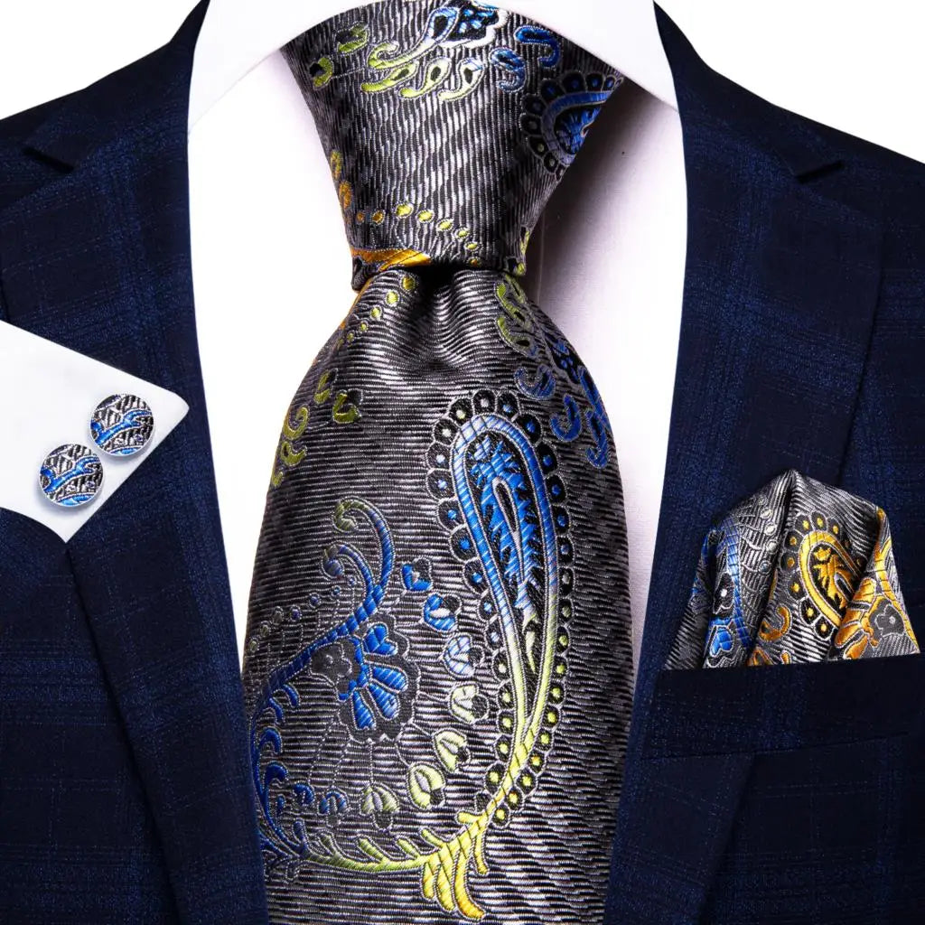 Paisley Men’s Silk Tie Set – Necktie, Pocket Square & Cufflinks – Elegant Gift for Weddings, Business & Parties