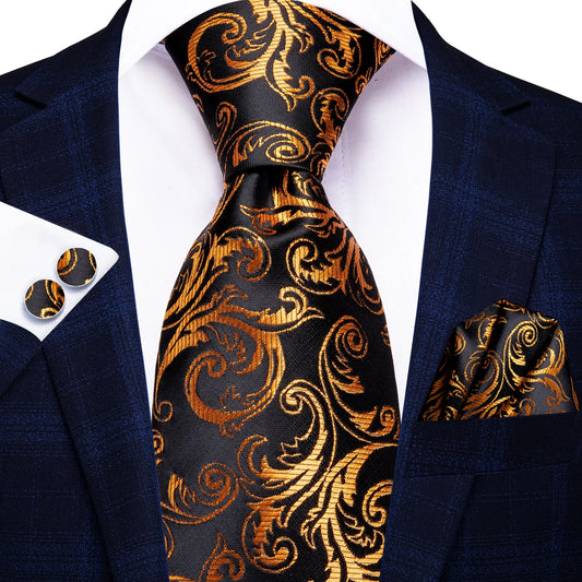 Burgundy Brown & Black Paisley Striped Silk Tie Set – Necktie + Pocket Square + Cufflinks – Formal Gift Set for Men