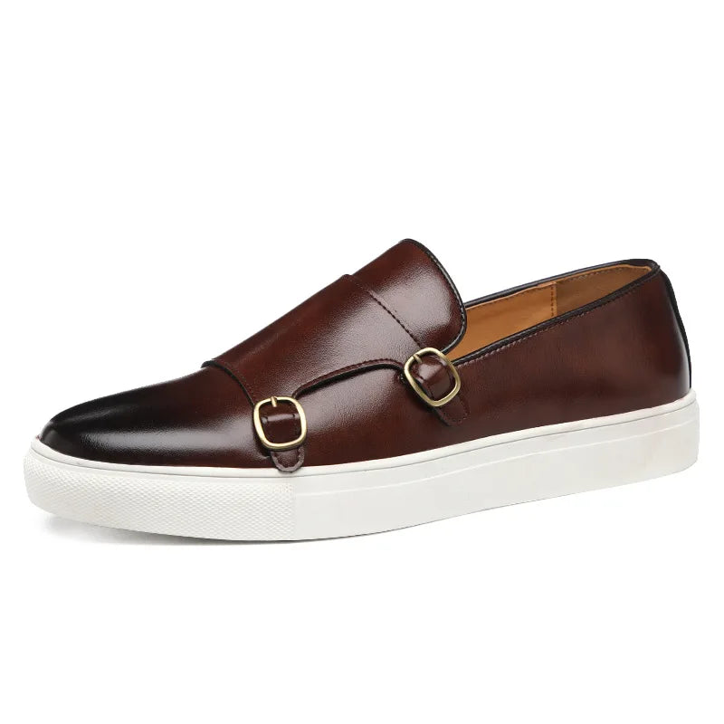 Men's Casual Leather Loafers – Retro British Style Slip-On Monk Strap Flats for Business & Daily Wear