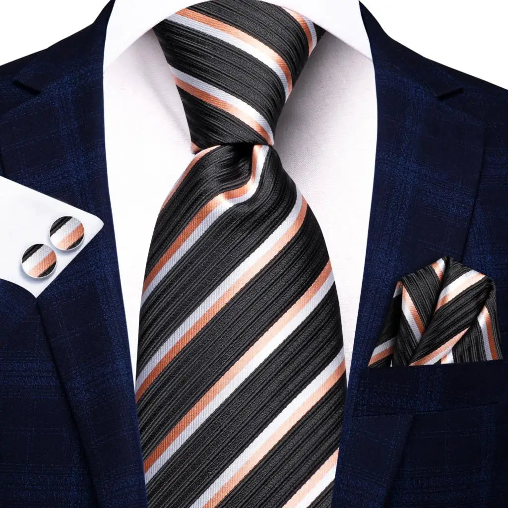 Navy Blue Striped Silk Tie Set for Men – Necktie, Pocket Square & Cufflinks – Formal Business & Wedding Gift Set