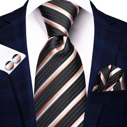 Navy Blue Striped Silk Tie Set for Men – Necktie, Pocket Square & Cufflinks – Formal Business & Wedding Gift Set