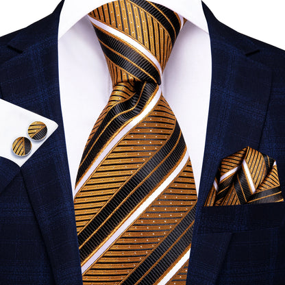 Burgundy Brown & Black Paisley Striped Silk Tie Set – Necktie + Pocket Square + Cufflinks – Formal Gift Set for Men