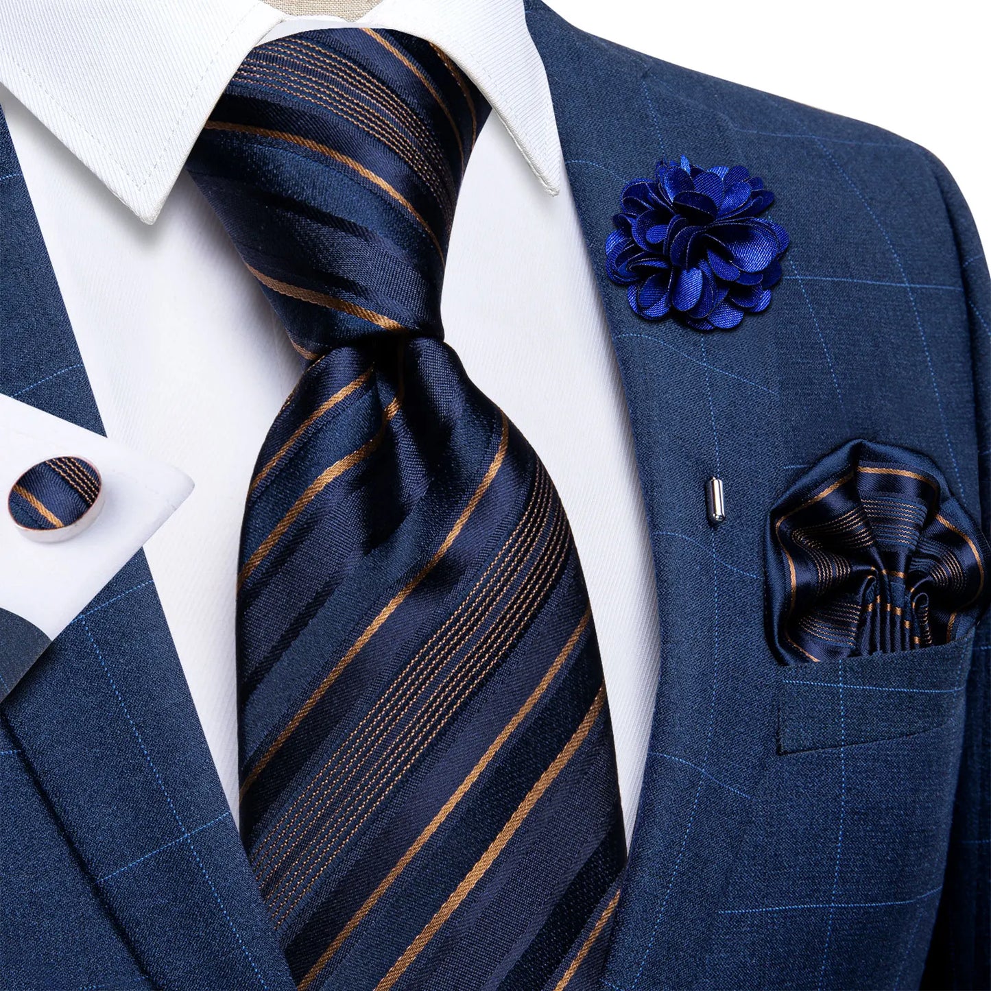 Luxury Red & Blue Floral Silk Tie Set – 8cm Necktie + Pocket Square + Cufflinks + Brooch – Men’s Formal Gift Set